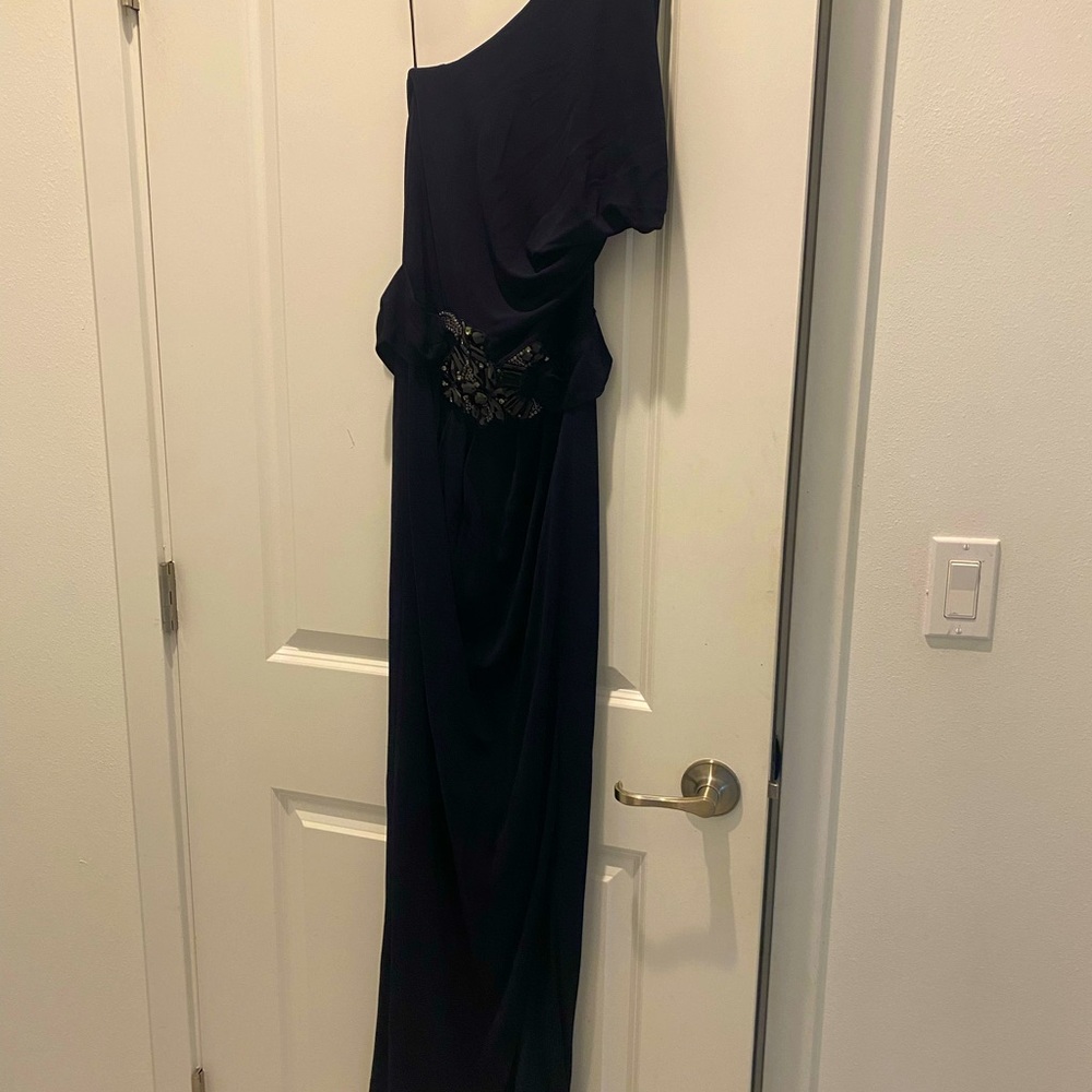 Badgley Mischka Long navy Dress With Jeweled Waist